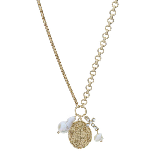 Gold Jump Ring with Barque Teardrop Pearl, Cross Coin, Crystal Cross with Pearl Dangle Necklace