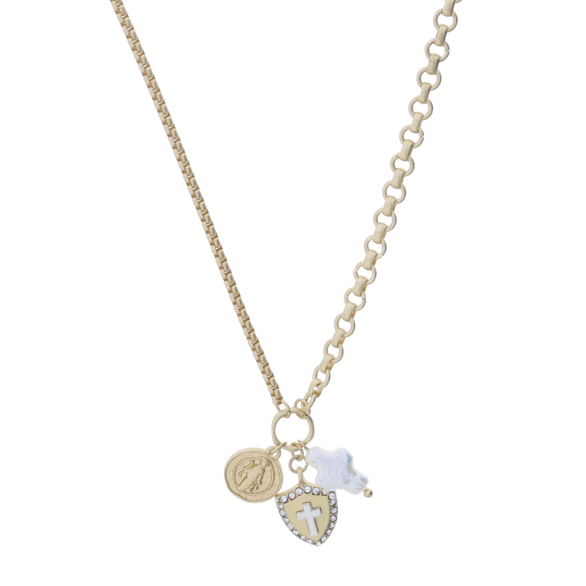 Gold Jump Ring with St. Francis Coin, Crystal Gold Shield with Silver Cross, Cross Pearl Necklace
