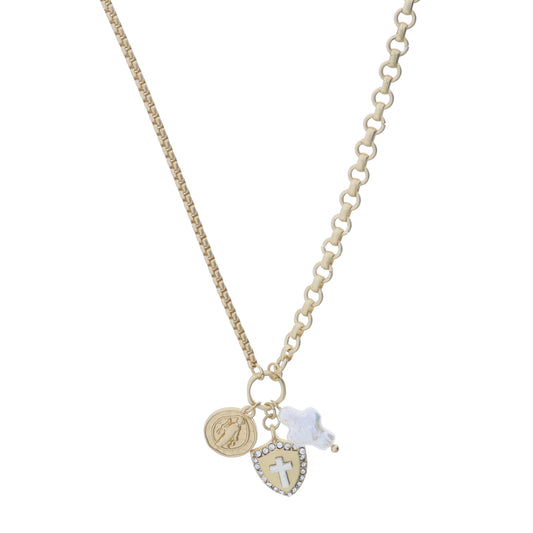 Gold Jump Ring with St. Francis Coin, Crystal Gold Shield with Silver Cross, Cross Pearl Necklace