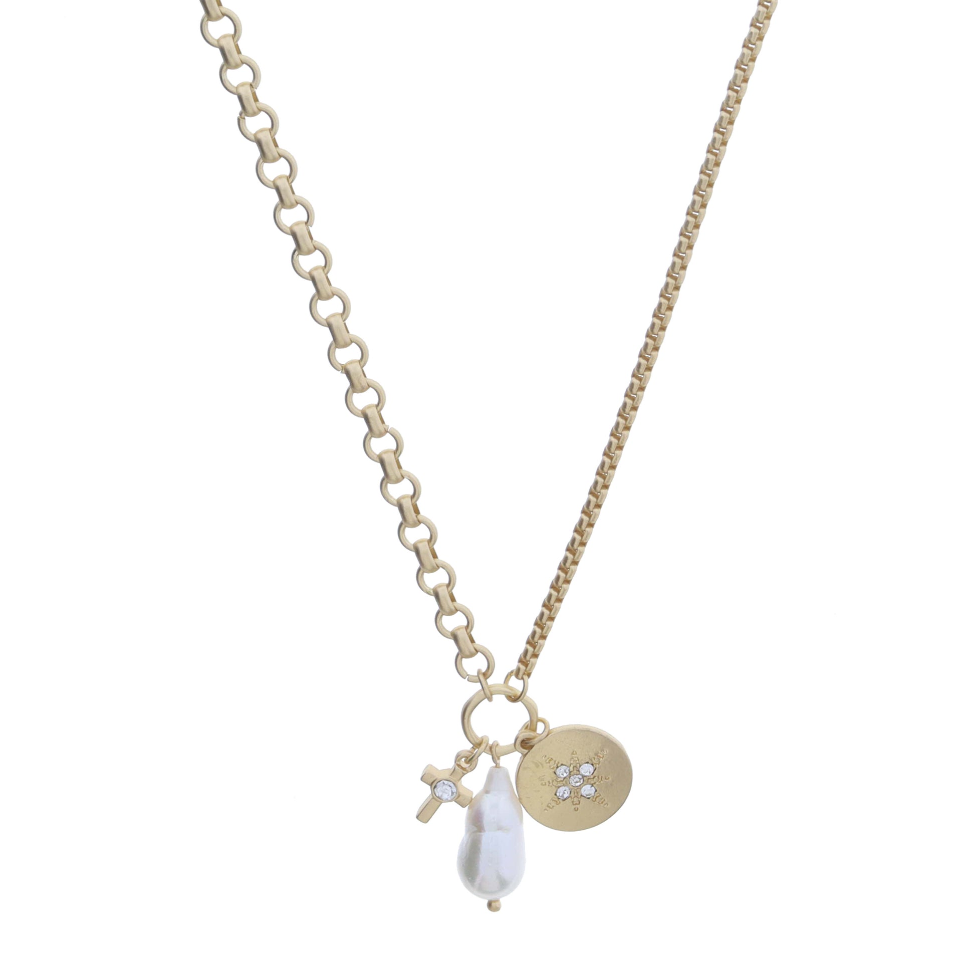 Gold Jump Ring with Starburst Gold Disc, Baroque Teardrop Pearl, Cross with Crystal Necklace