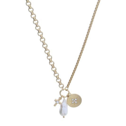 Gold Jump Ring with Starburst Gold Disc, Baroque Teardrop Pearl, Cross with Crystal Necklace