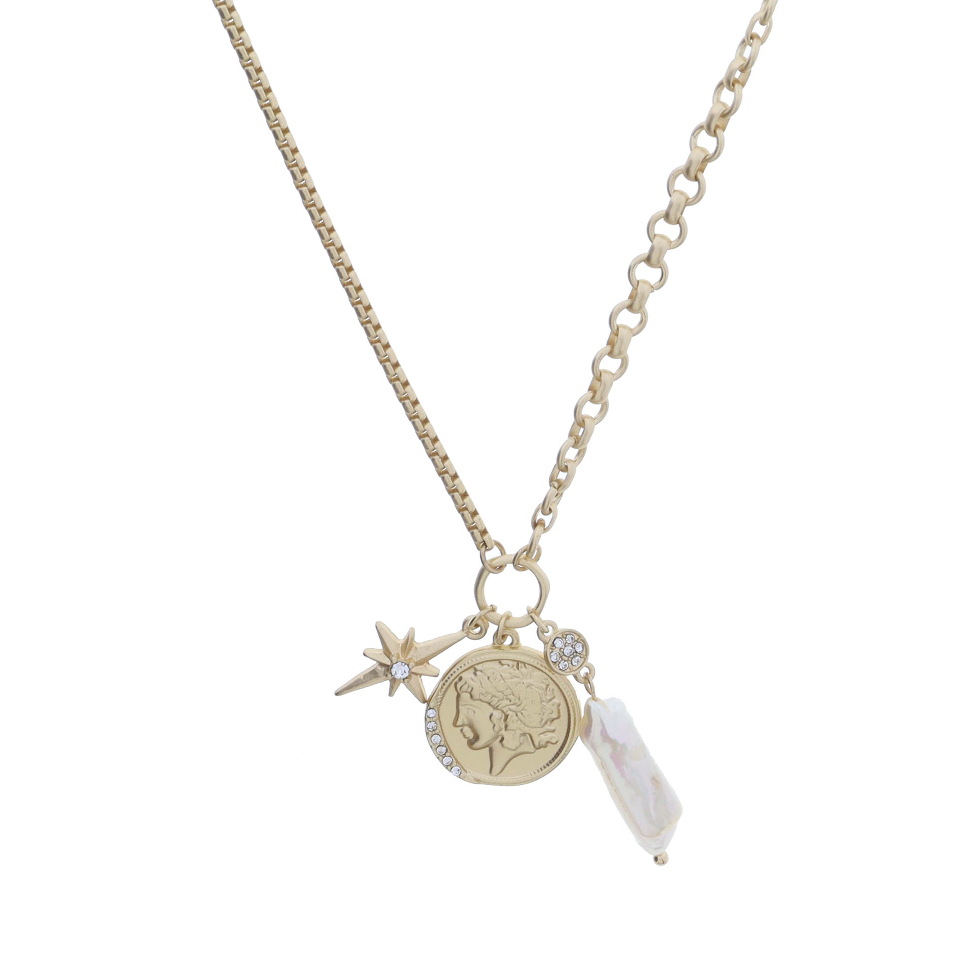 Gold Jump Ring with Gold Starburst with Crystal, Crystal Coin, Disc with Pearl Dangle Necklace