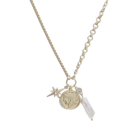 Gold Jump Ring with Gold Starburst with Crystal, Crystal Coin, Disc with Pearl Dangle Necklace