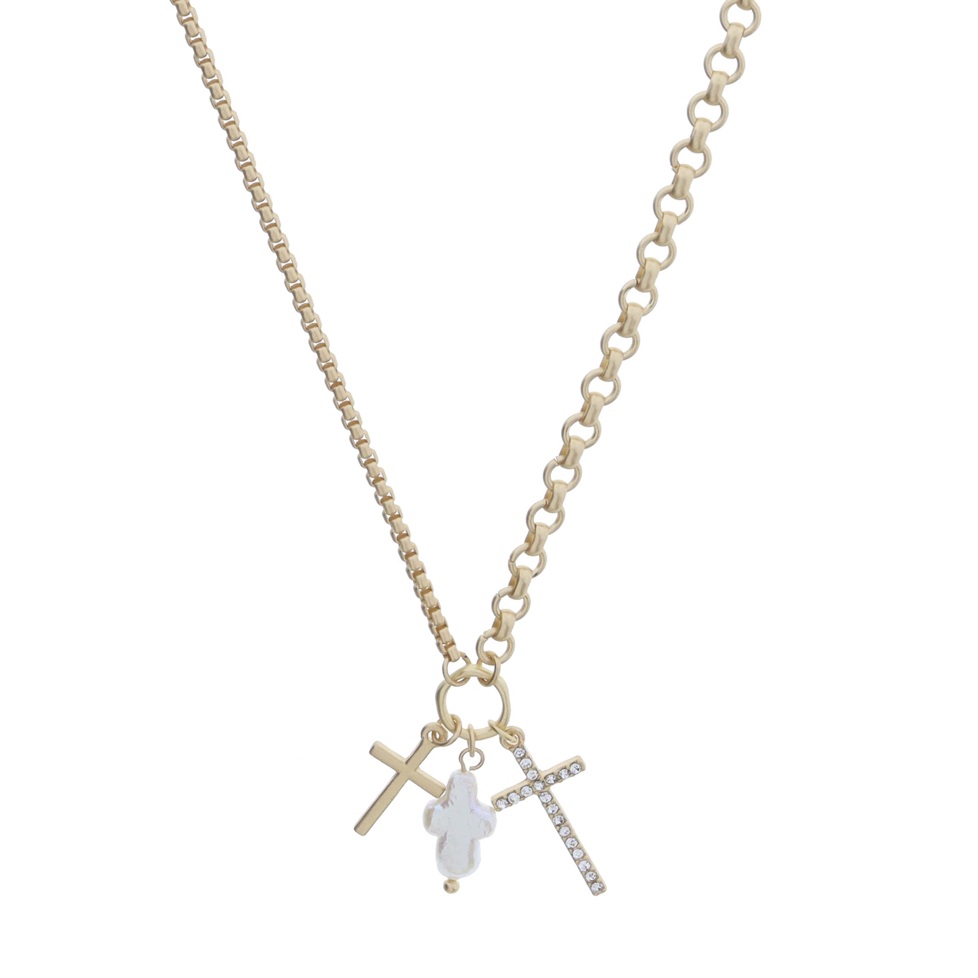 Gold Jump Ring with Gold Cross, Pearl Cross, Crystal Cross Necklace