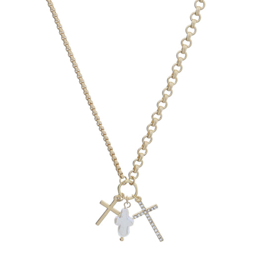 Gold Jump Ring with Gold Cross, Pearl Cross, Crystal Cross Necklace