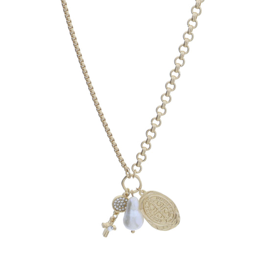 Gold Jump Ring with Crystal Disc with Cross Dangle, Baroque Teardrop Pearl, Medallion Coin Necklace