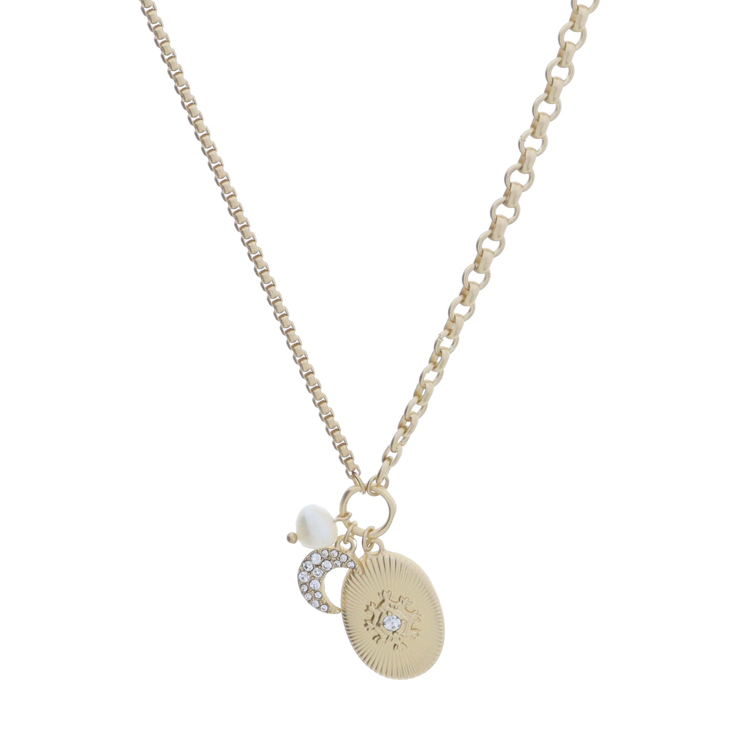 Gold Jump Ring with Pearl, Crystal Cresent Moon, Oval Pendant with Crystal Ornate Center Necklace