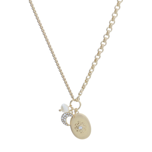 Gold Jump Ring with Pearl, Crystal Cresent Moon, Oval Pendant with Crystal Ornate Center Necklace