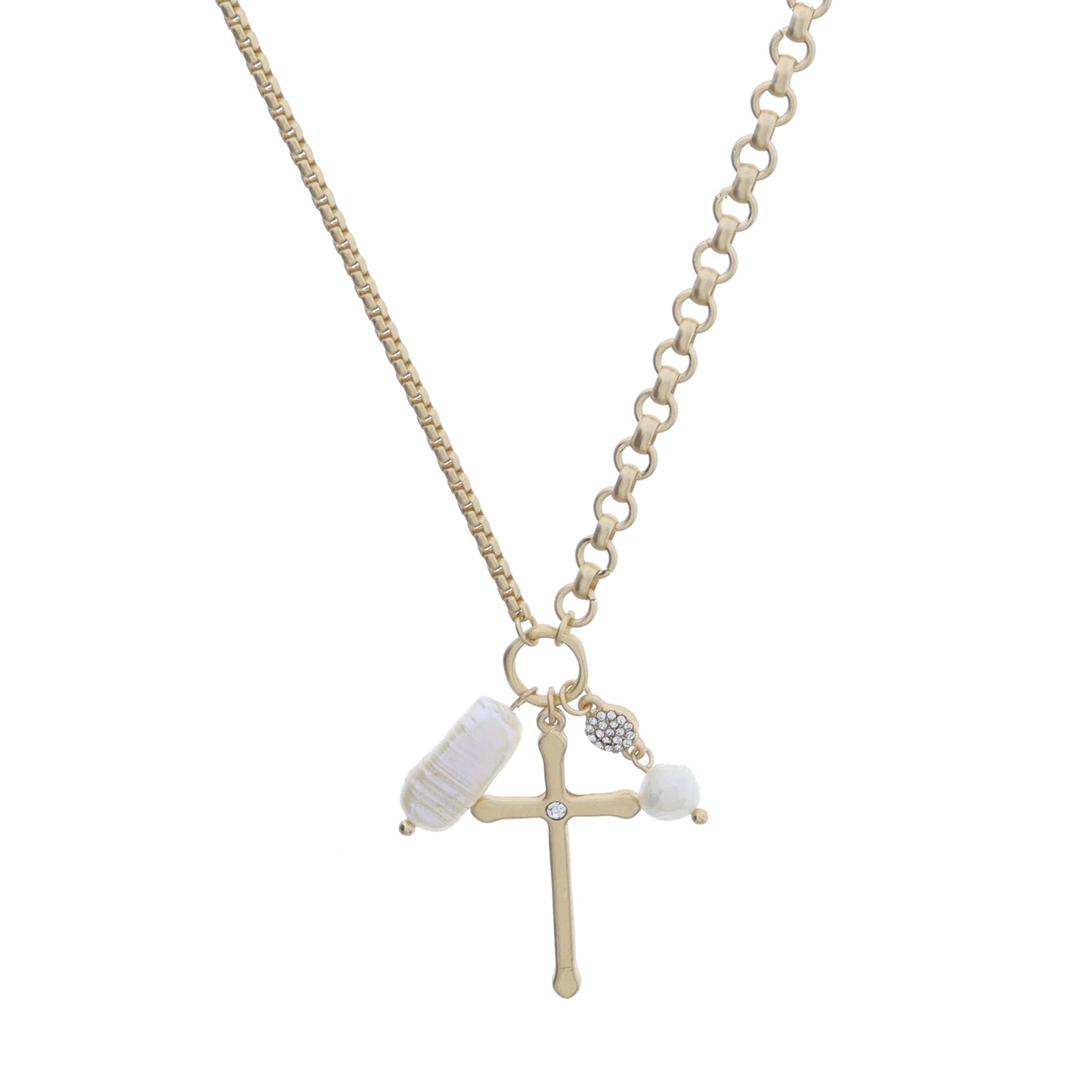 Gold Jump Ring with Rectangular Pearl, Cross with Crystal, Crystal Disc with Pearl Dangle Necklace