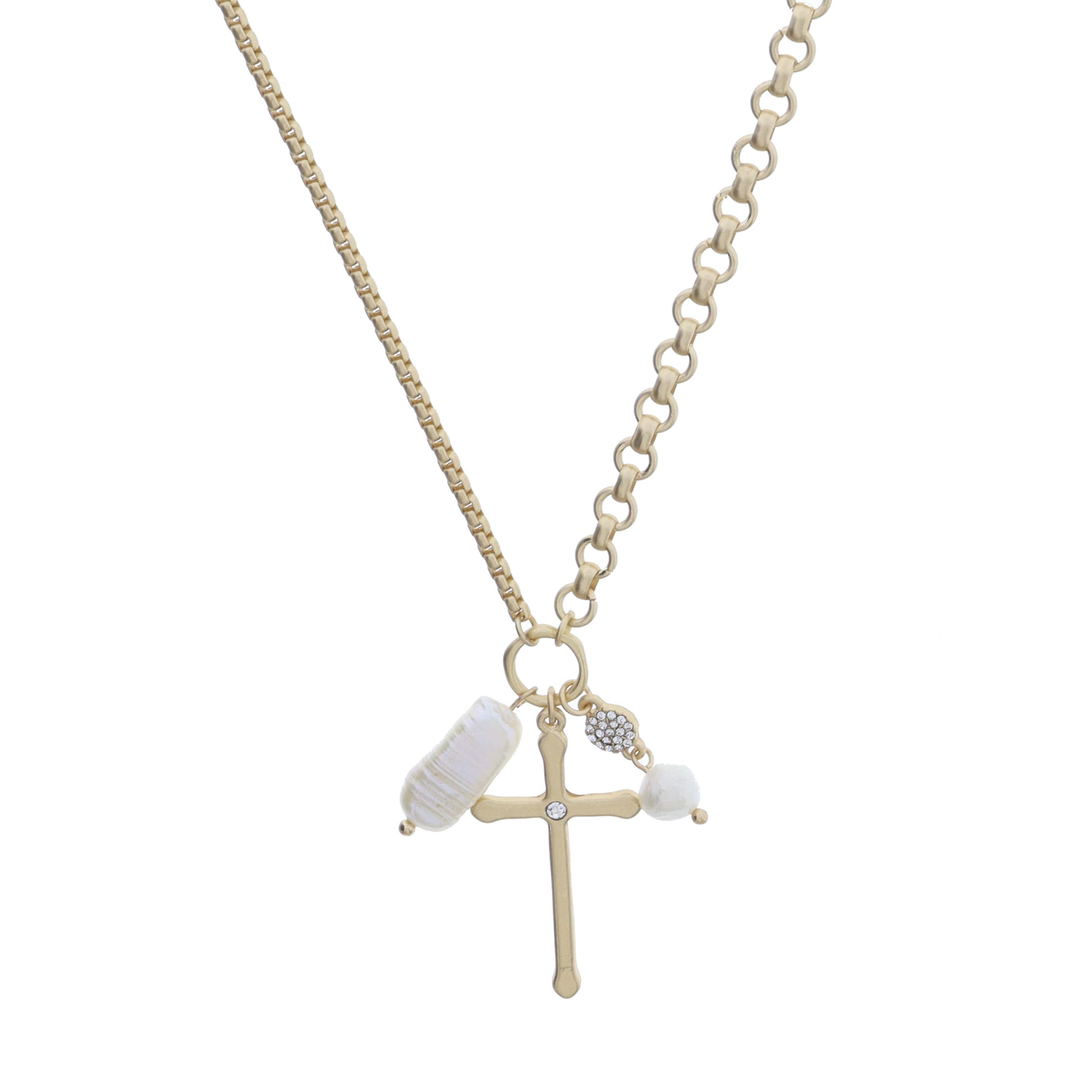 Gold Jump Ring with Rectangular Pearl, Cross with Crystal, Crystal Disc with Pearl Dangle Necklace