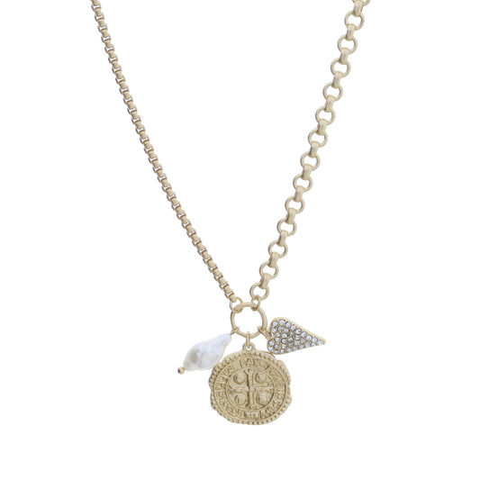 Gold Jump Ring with Organic Shaped Pearl, Gold Medallion Coin, Crystal Heart Necklace