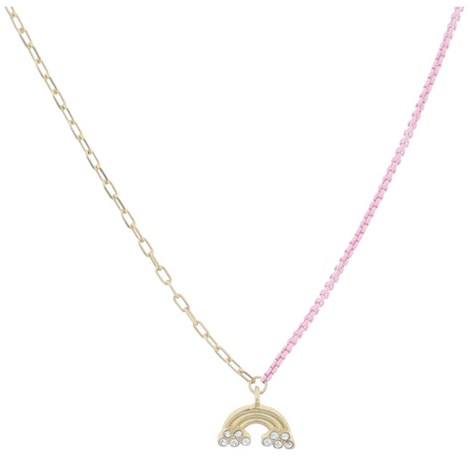Kids Half Gold Chain, Half Light Pink Chain with Gold and Crystal Rainbow Necklace