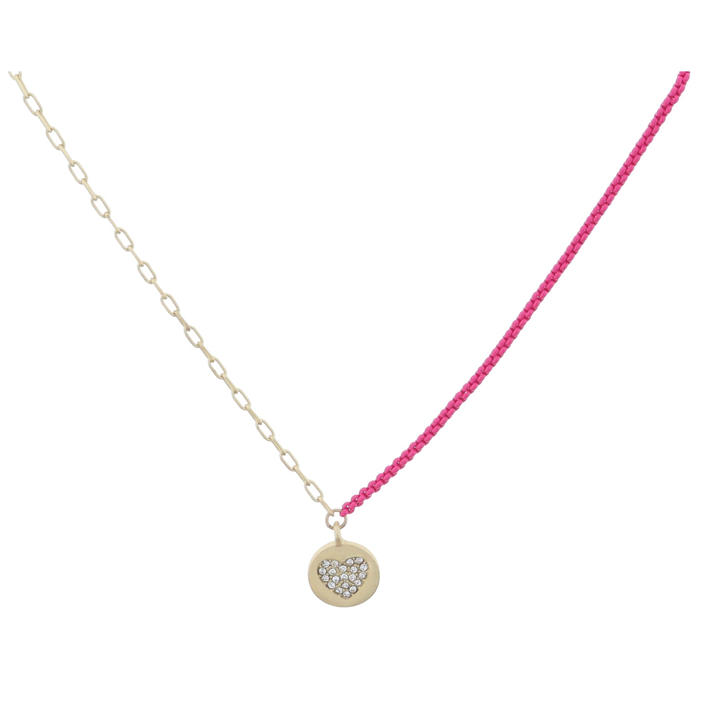 Kids Half Gold Chain, Half Hot Pink Chain with Crystal Heart Gold Disc Necklace