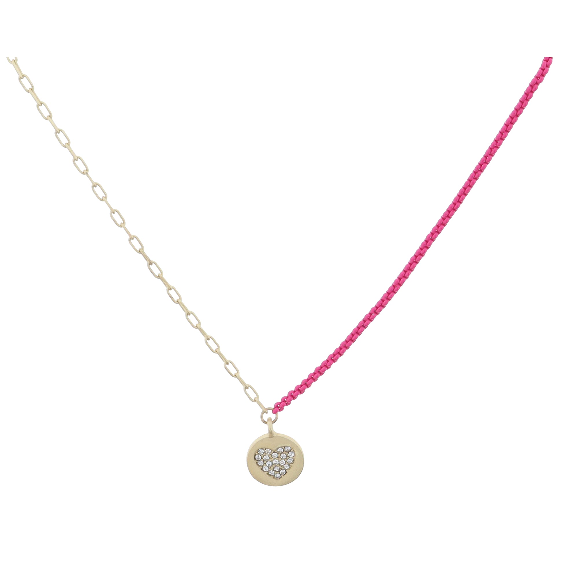 Kids Half Gold Chain, Half Hot Pink Chain with Crystal Heart Gold Disc Necklace