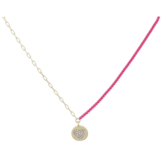 Kids Half Gold Chain, Half Hot Pink Chain with Crystal Heart Gold Disc Necklace