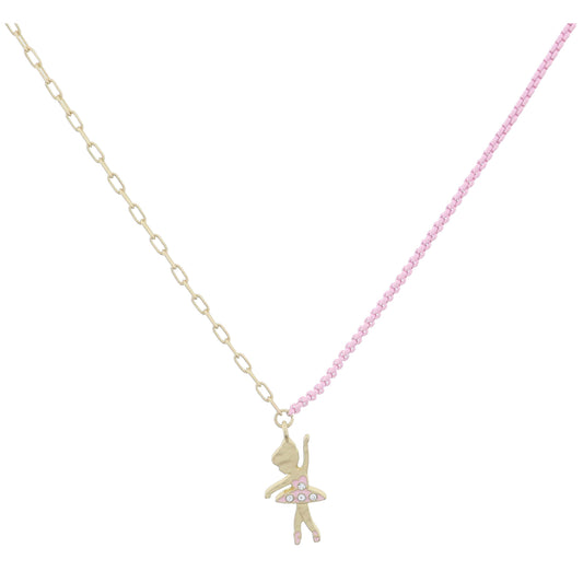 Kids Half Gold Chain, Half Light Pink Chain with Gold, Pink Enamel, Crystal Ballerina Necklace