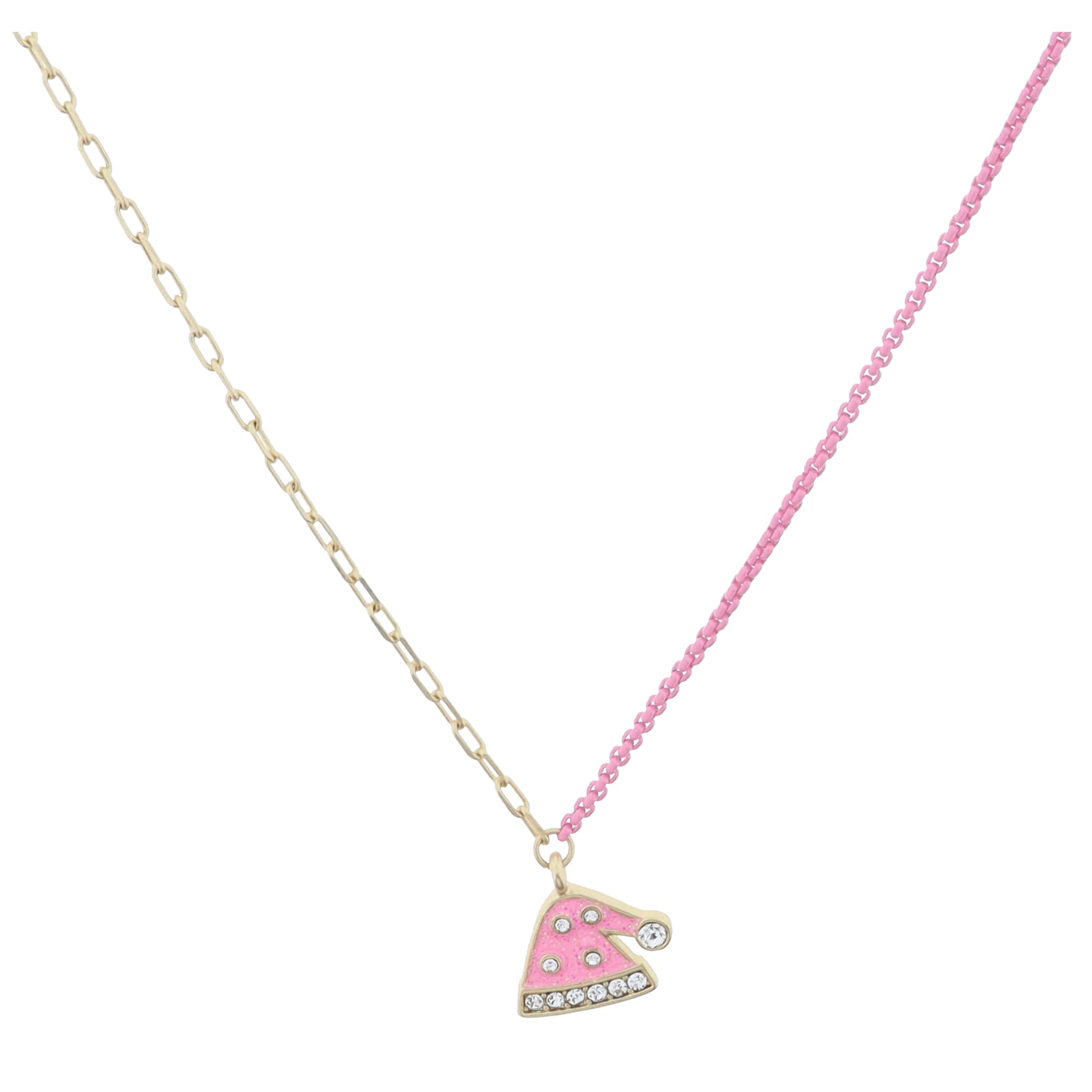 Kids Half Gold Chain, Half Pink Chain with Pink Glitter Enamel and Crystal Santa Hat Necklace