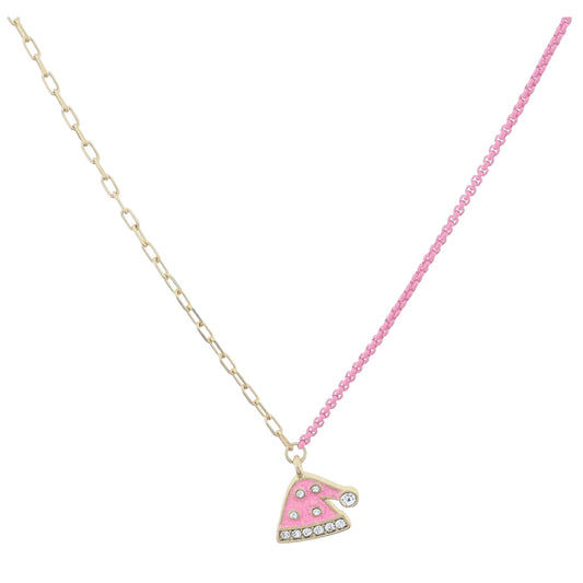 Kids Half Gold Chain, Half Pink Chain with Pink Glitter Enamel and Crystal Santa Hat Necklace