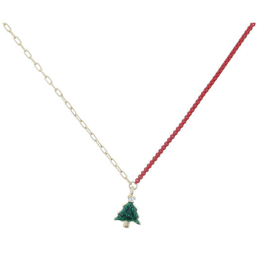Kids Half Gold Chain, Half Red Chain with Green Glitter Enamel with Crystal Star Tree Necklace