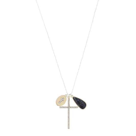Shiny Gold Oval with Crystal Cross, Large Crystal Cross, Jet Howlite Teardrop Necklace