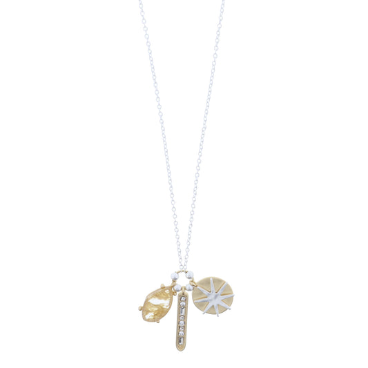 Gold Calcite Drop, Multi Clear Crystal Pointed Bar, Gold Disc with Silver Starburst Necklace