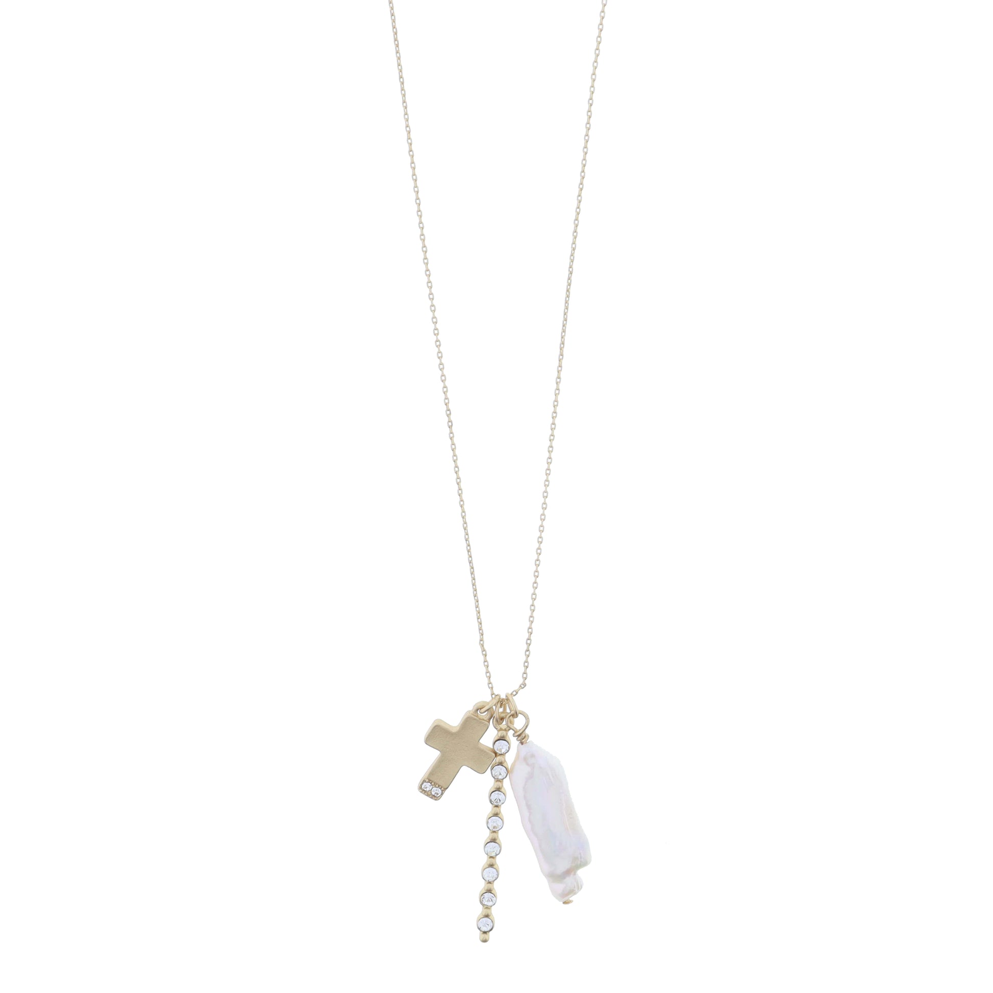 Gold Cross with Crystal Accents, Circle Crystal Bar, Long Rectangular Pearl Necklace