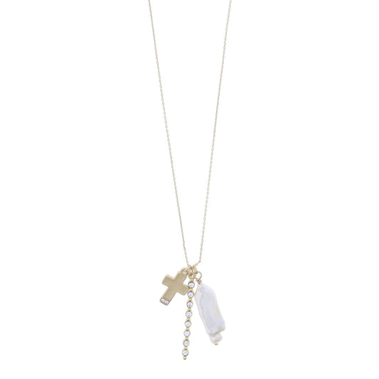 Gold Cross with Crystal Accents, Circle Crystal Bar, Long Rectangular Pearl Necklace