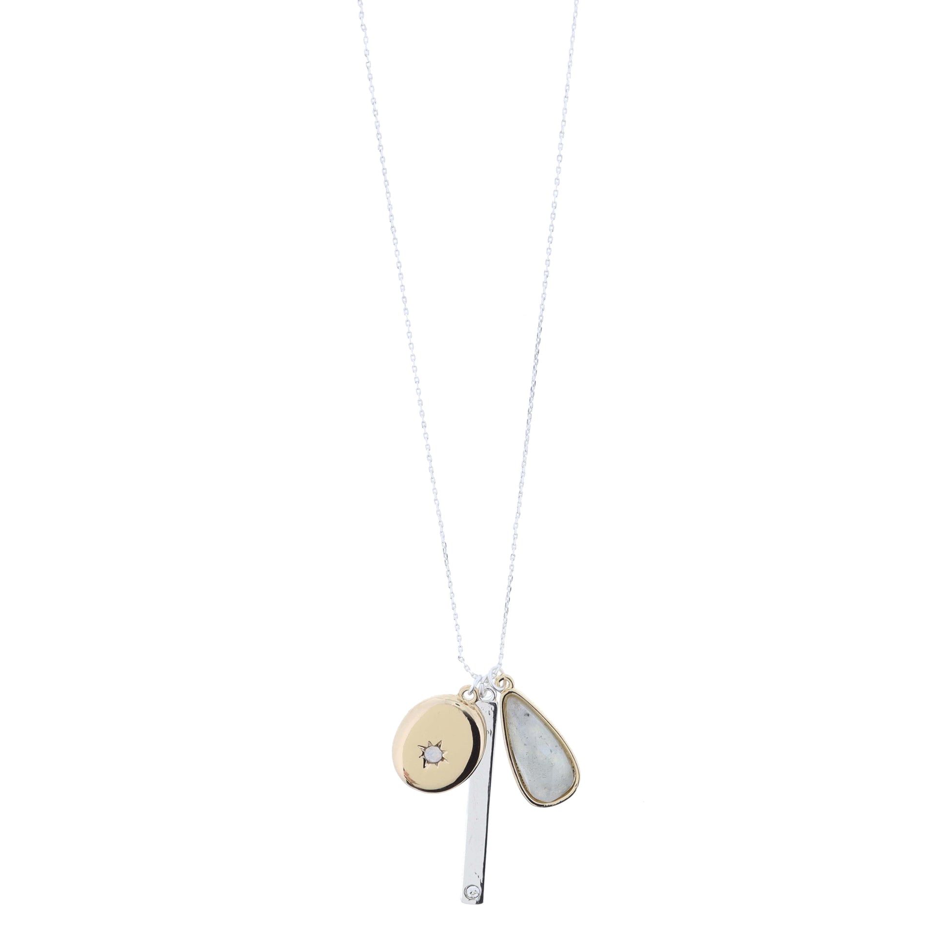 Shiny Gold Oval with Moonstone Star, Silver Bar with Crystal Accent, Labradorite Teardrop Necklace