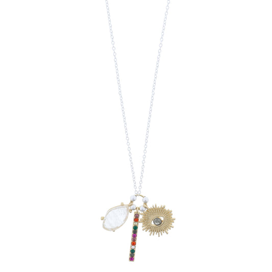 Clear Quartz Drop, Multi Crystal Bar, Gold Sunray with Black Diamond Evil Eye Necklace
