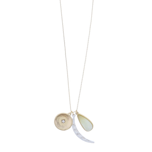 Gold Disc with Moonstone Star, Silver Cresent Moon with Crystals, Amazonite Teardrop Necklace
