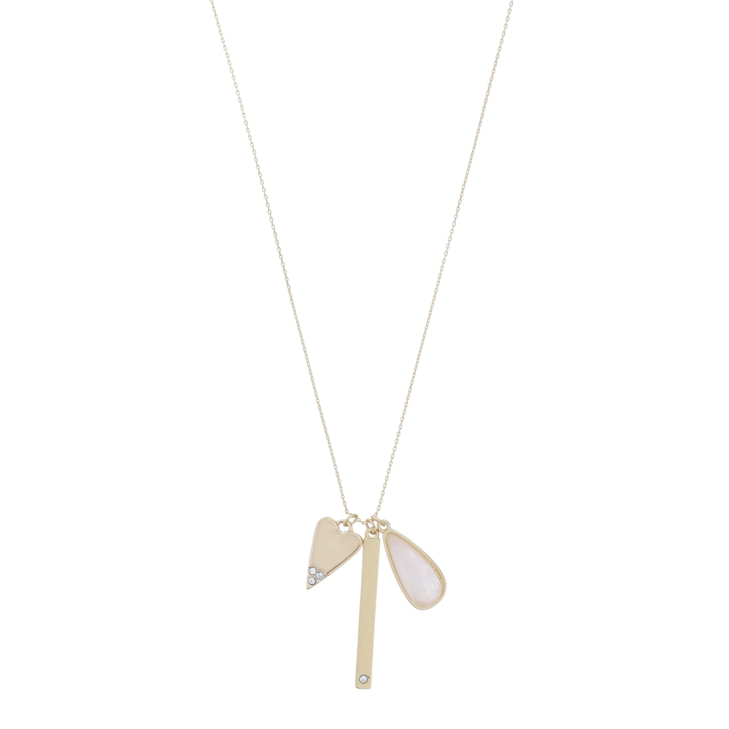 Shiny Gold Heart with Crystal Accents, Gold Bar with Crystal Accent, Rose Quartz Teardrop Necklace