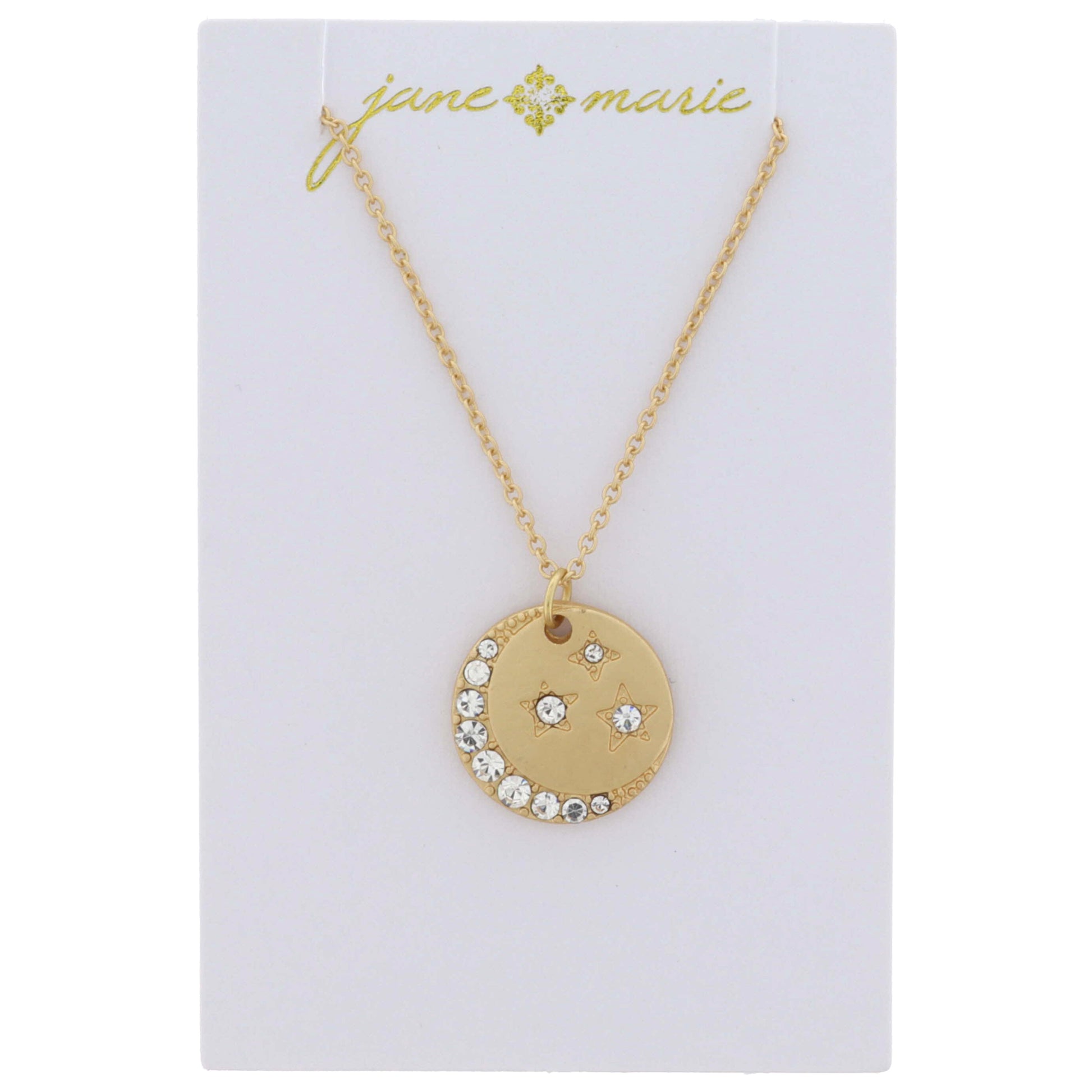 Gold Disc with Clear Crystal Moon and Stars Necklace