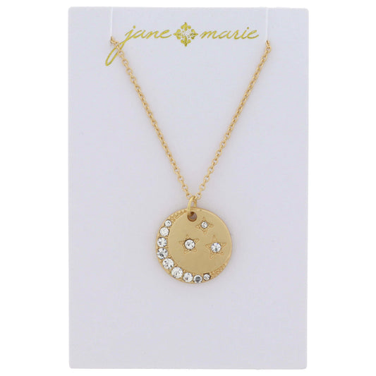 Gold Disc with Clear Crystal Moon and Stars Necklace