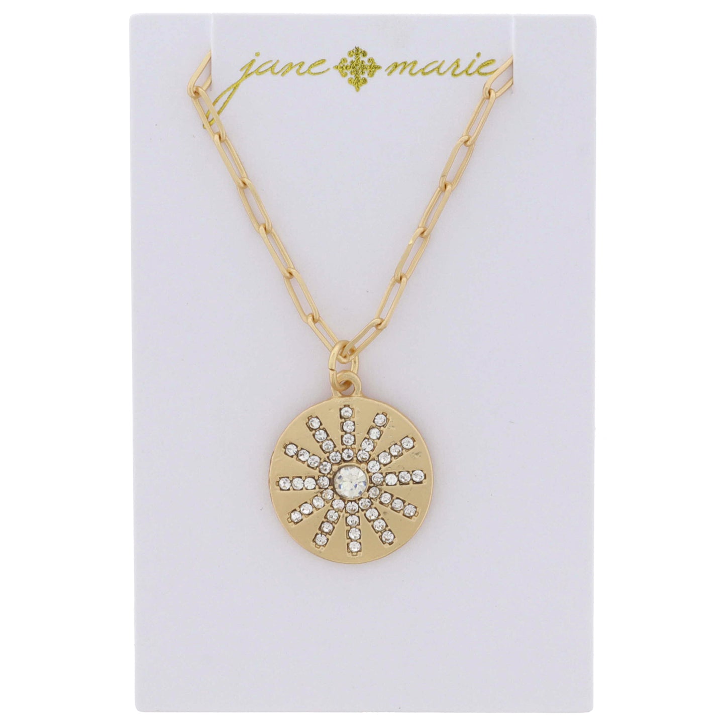 Gold Disc with Clear Crystal Sun Necklace