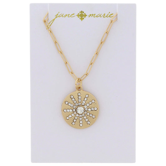 Gold Disc with Clear Crystal Sun Necklace
