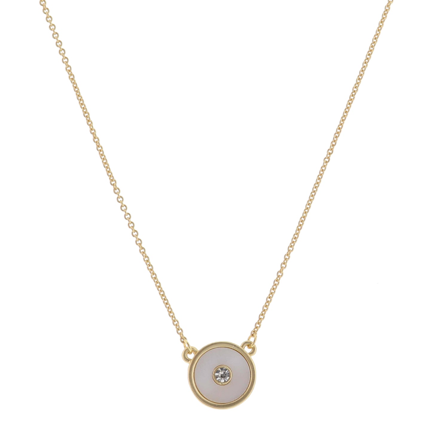 White Shell Inlay Disc with Center Clear Crystal Necklace