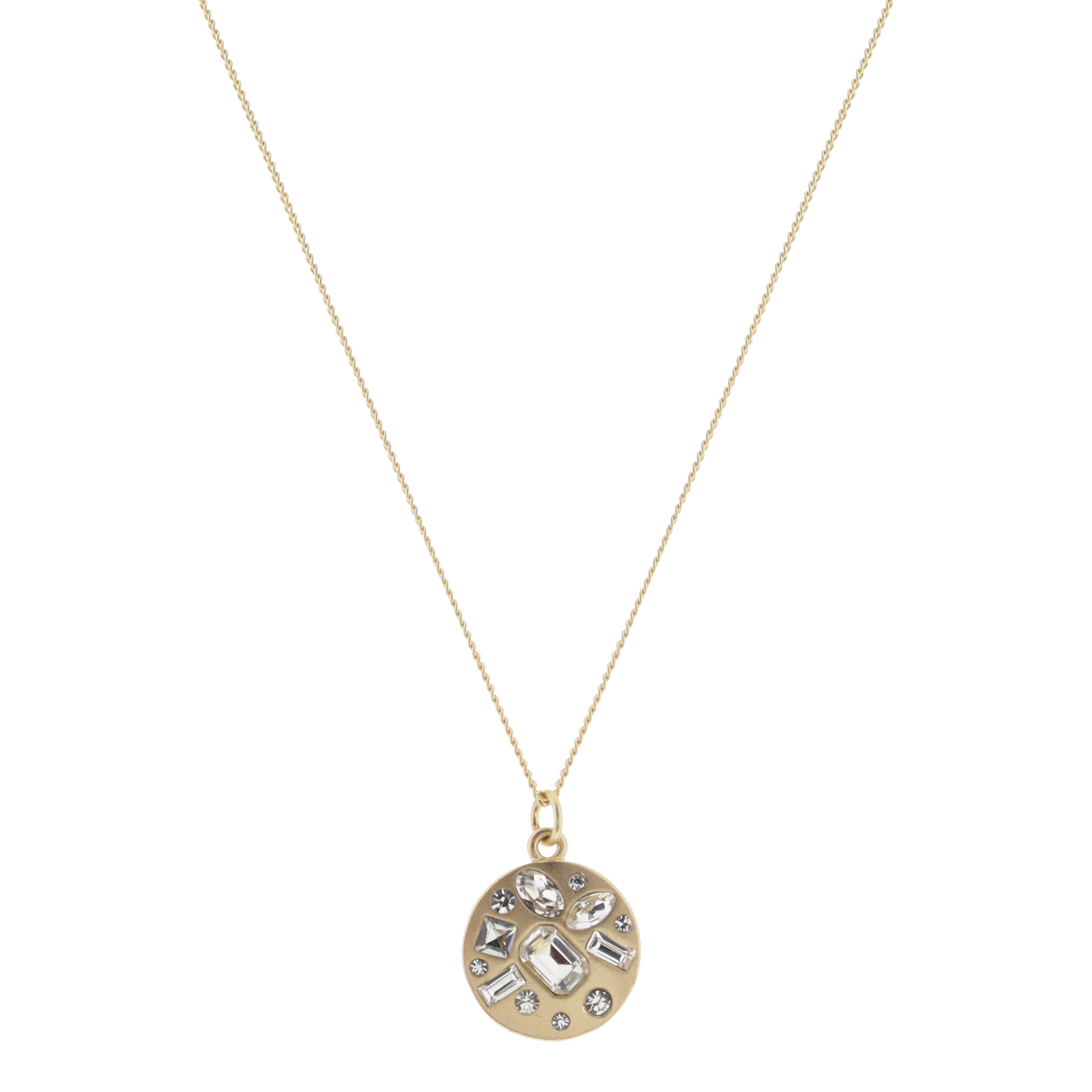 Gold Disc with Multi Shaped Clear Crystals Necklace