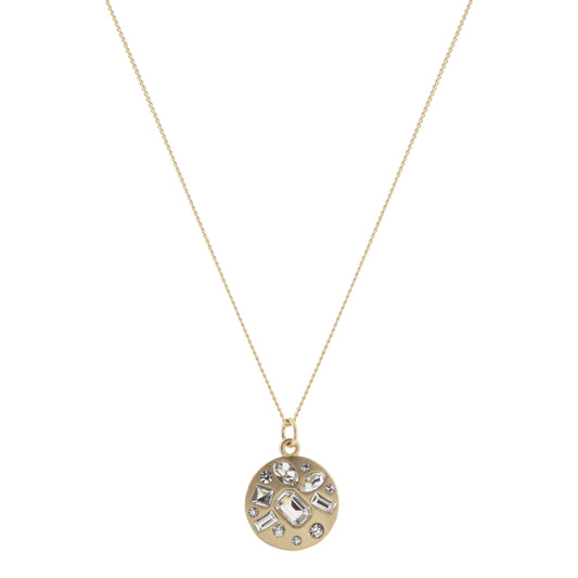 Gold Disc with Multi Shaped Clear Crystals Necklace