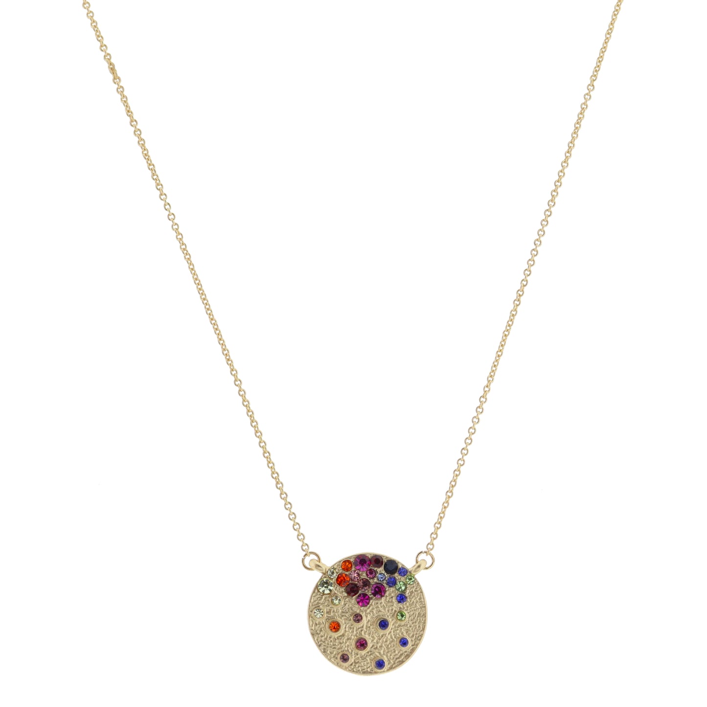 Gold Textured Disc with Trickling Multi Crystals Necklace