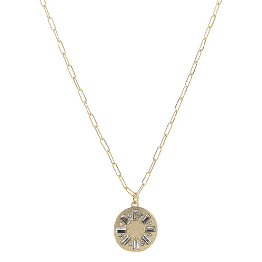 Gold Disc with Alternating Clear Baguettes and Mini Crystals Necklace