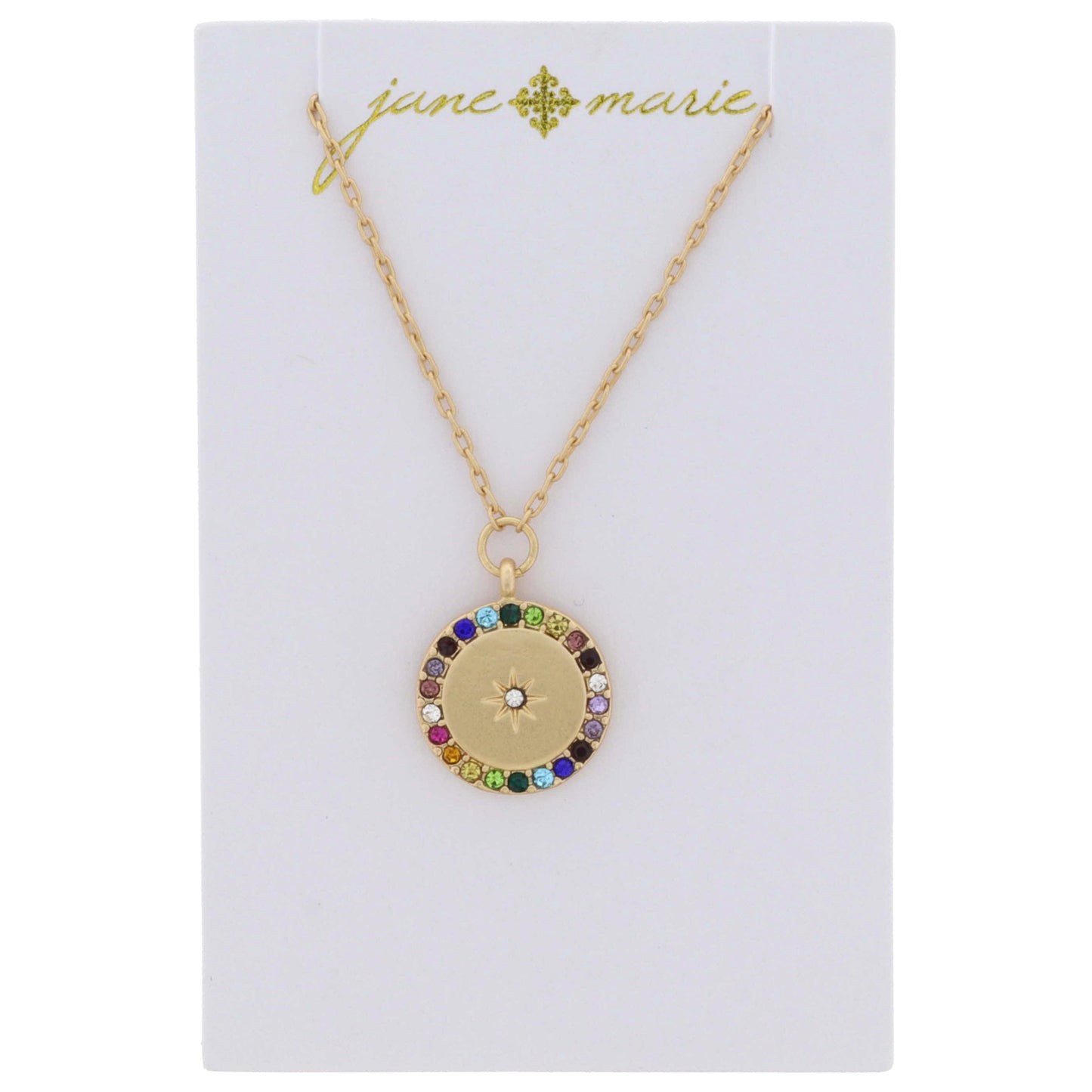 Gold Disc with Multi Crystal Edge and Clear Crystal Star Center Necklace