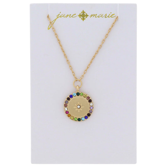 Gold Disc with Multi Crystal Edge and Clear Crystal Star Center Necklace