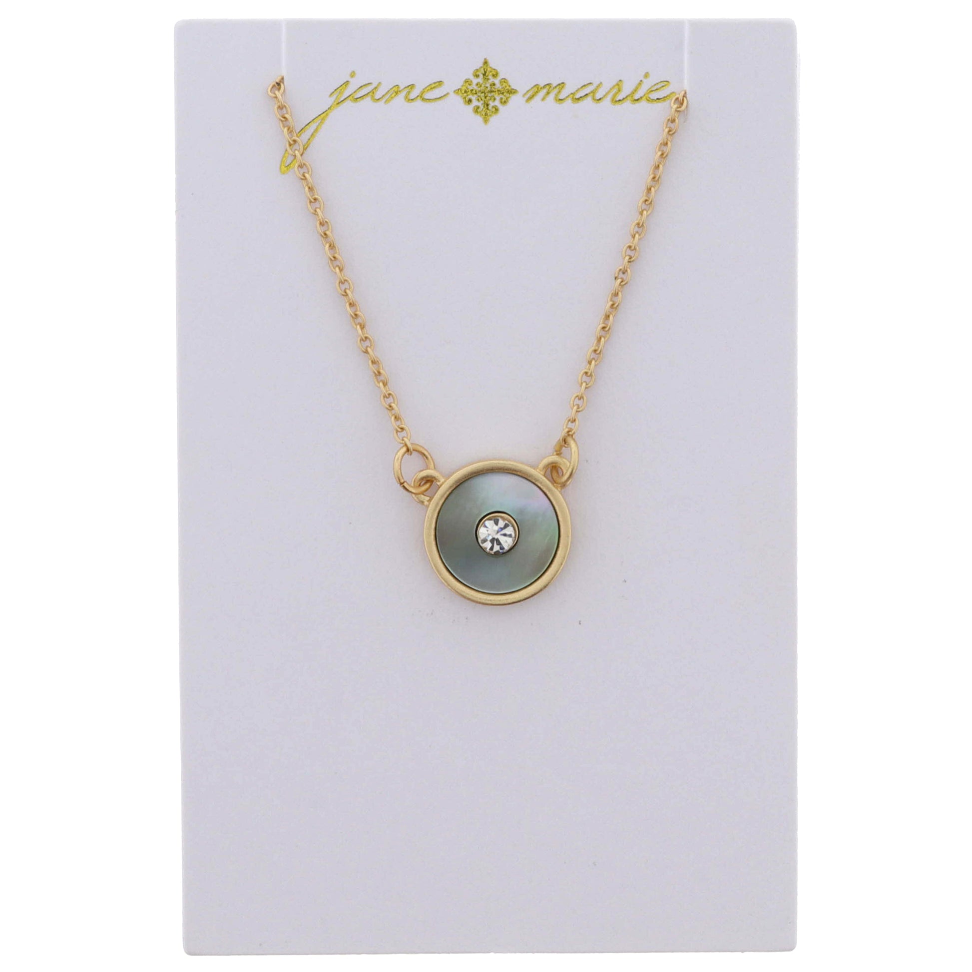 Grey Shell Inlay Disc with Center Clear Crystal Necklace