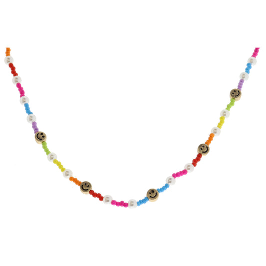 Kids Multi Colorblock and Pearl Accents Beaded with Gold Happy Face Bead Stations Necklace