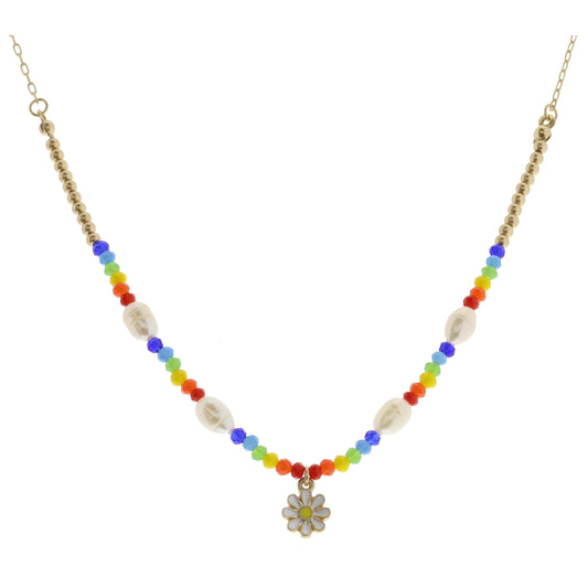 Kids Multi Faceted Beads with Gold and Pearl Accents Portion with Enamel Daisy Necklace