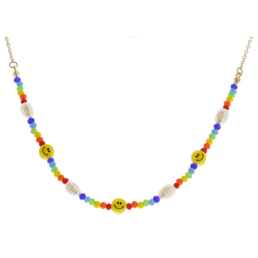 Kids Multi Faceted Beads with Pearl Accents Portion with Yellow Happy Face Bead Stations Necklace