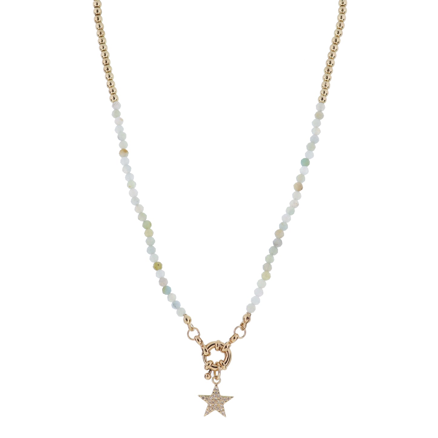 Kids Mini Gold Ball and Amazonite Faceted Beaded with Gold Spring Ring & Crystal Pave Star Necklace