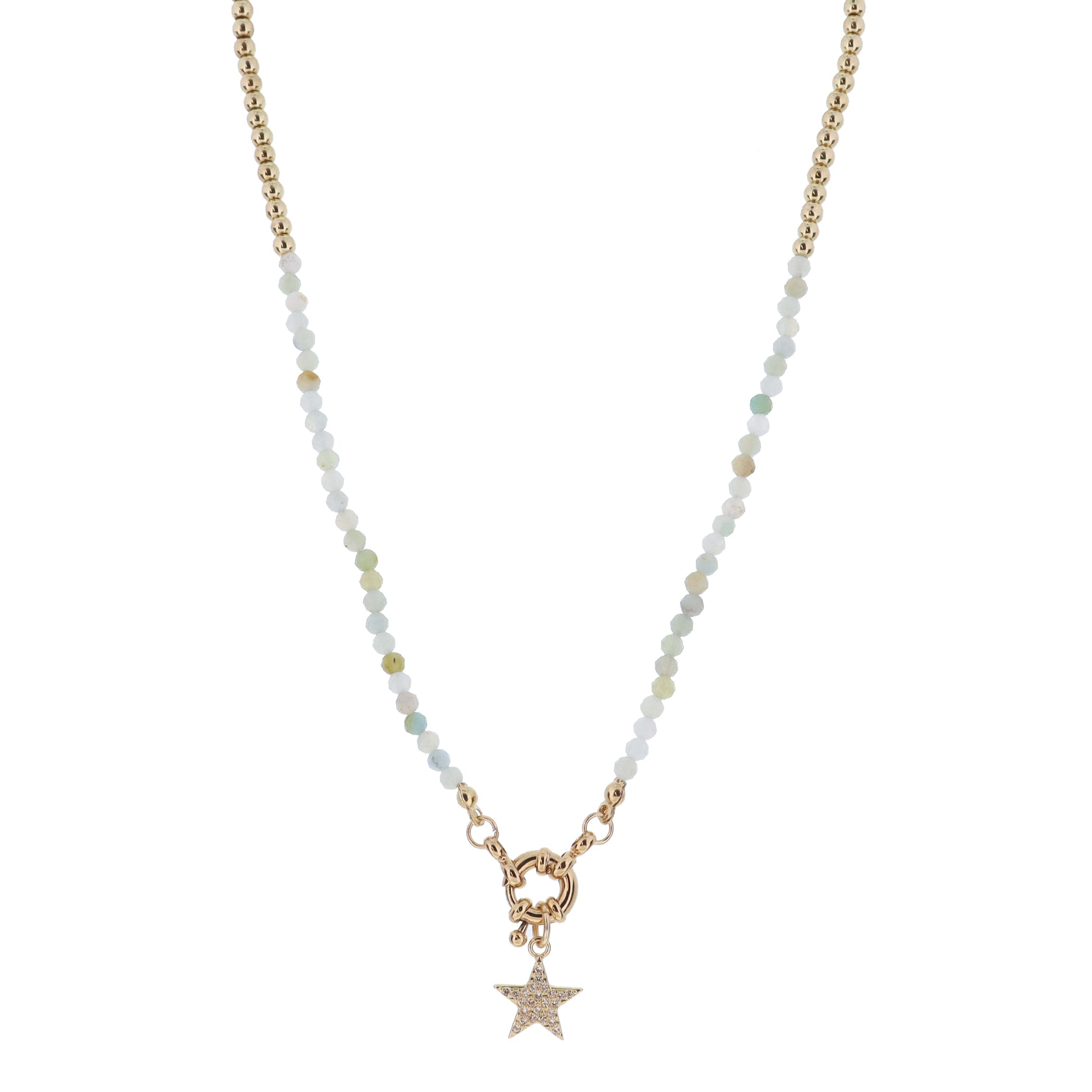 Kids Mini Gold Ball and Amazonite Faceted Beaded with Gold Spring Ring & Crystal Pave Star Necklace