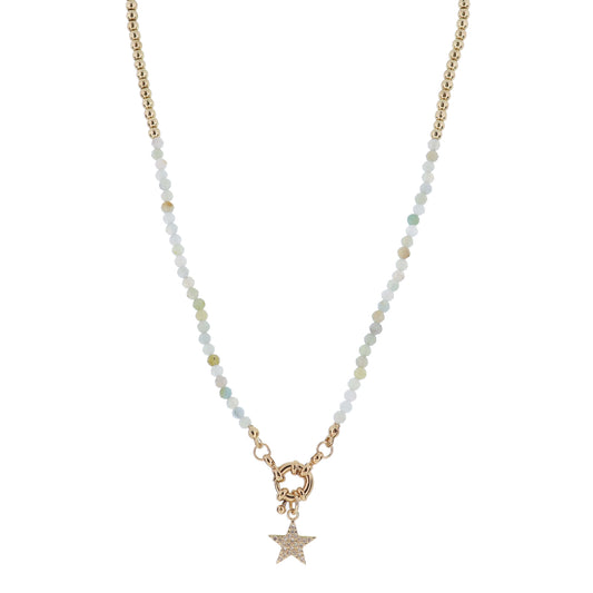 Kids Mini Gold Ball and Amazonite Faceted Beaded with Gold Spring Ring & Crystal Pave Star Necklace