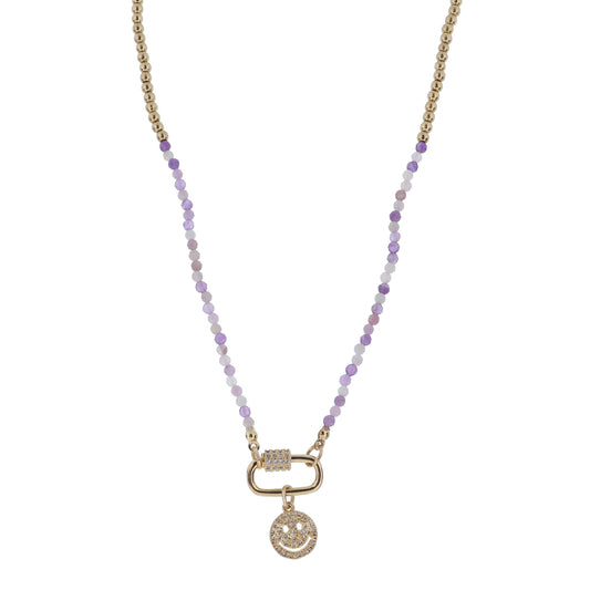 Kids Mini Gold Ball & Amethyst Faceted Beaded with Gold Carabiner & Crystal Happy Face Necklace